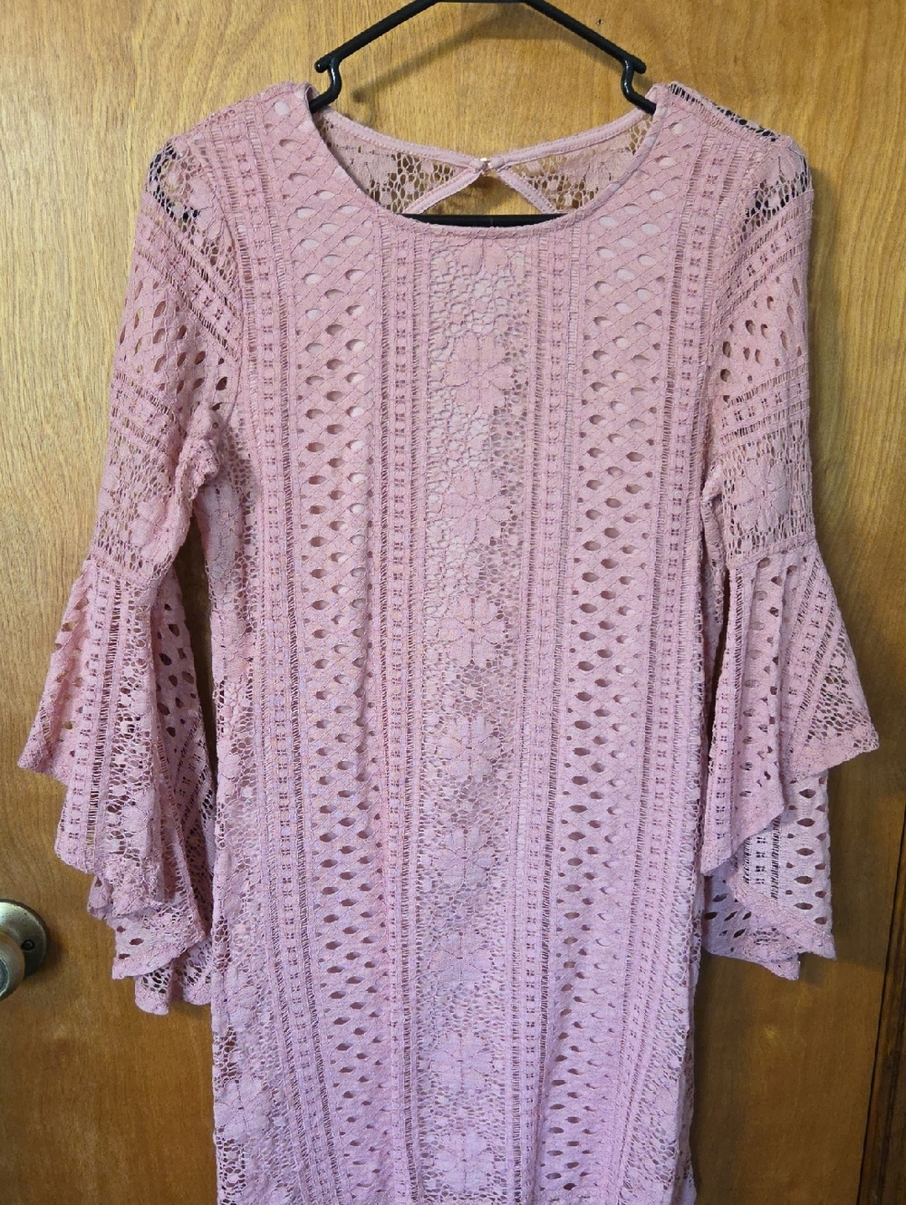 Altar'd State Blush Pink Crochet Bell-Sleeve Midi Dress